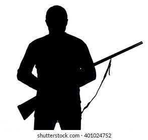 close-up portrait of a man with a shotgun on a white background
