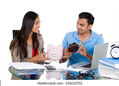 Closeup Portrait Of A Man Showing His Woman An Empty Wallet, Being Broke And Poor, Isolated On White Background. FInancial Difficulties, Job Loss, Mortgage Payment Problem. Family Conflict