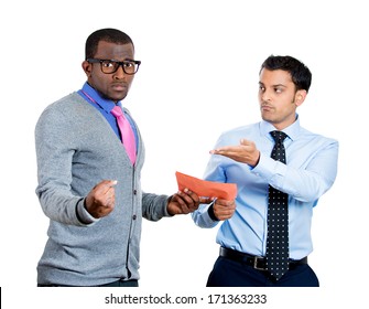 Closeup Portrait Of Manager Business Man Ceo Boss Giving Pink Slip Fired To Sad Depressed Young Employee Guy Who Is Shocked And Upset, Isolated On White Background. Conflict In The Office Work Place.