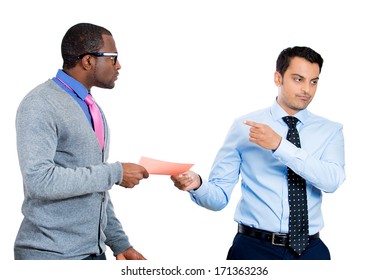 Closeup Portrait Of Manager Business Man Ceo Boss Giving Pink Slip Fired To Sad Depressed Young Employee Guy Who Is Shocked And Upset, Isolated On White Background. Conflict In The Office Work Place.