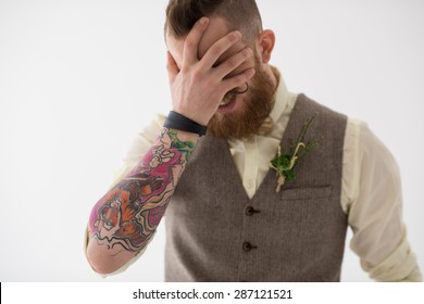 Closeup Portrait Of Modern Groom Looking Nervous Before His Wedding