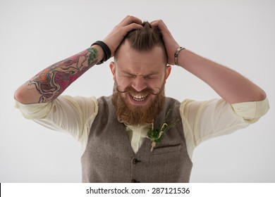 Closeup Portrait Of Modern Groom Looking Nervous Before His Wedding