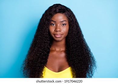 Close-up portrait of nice attractive content wavy-haired girl isolated over bright blue color background
