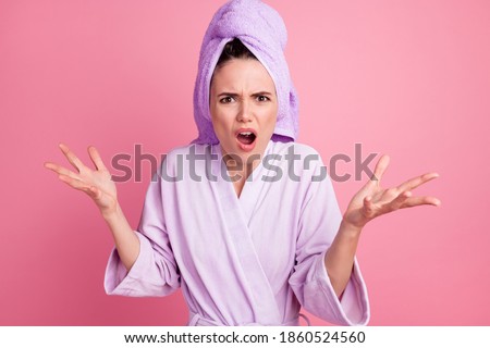 Close-up portrait of nice attractive mad fury angry girl wearing turban on head saying claims blaming isolated over pink pastel color background