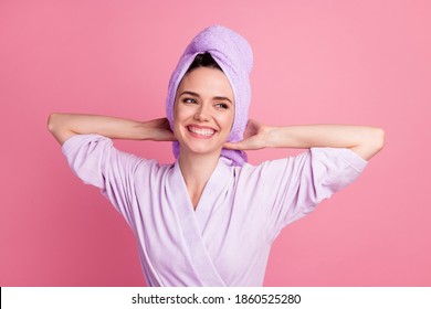 Close-up portrait of nice pretty cheerful girl wearing turban on head enjoying smooth perfect skin isolated over pink pastel color background