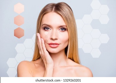 Close-up portrait of nice well-groomed attractive nude naked blonde lady touching smooth flawless fresh perfect clean clear skin advert honey cells isolated over grey blue background