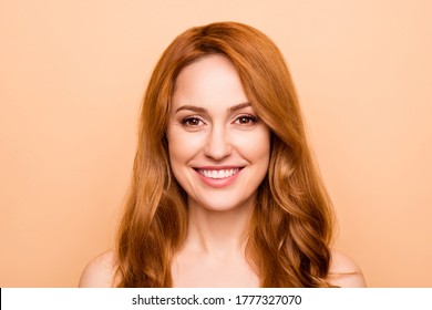 Close-up portrait of nice-looking attractive sweet lovely nude naked pure perfect cheerful wavy-haired lady after facial therapy treatment isolated over beige pastel background