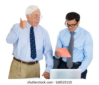 Closeup Portrait Of Old Elderly Business Man Ceo Boss Giving Pink Slip Fired To Sad Depressed Young Employee Who Walks Away In Shame, Isolated On White Background. Conflict In The Office Work Place.