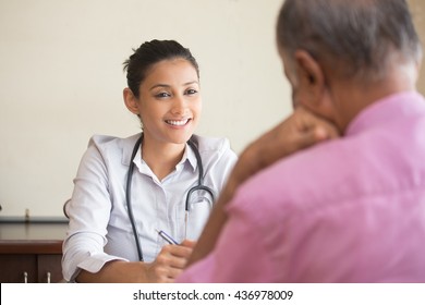 Closeup portrait, patient talking good news conversation to healthcare professional, isolated indoors background