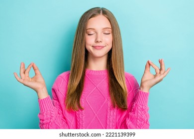 Closeup Portrait Photo Of Cute Dreaming Girl Closed Eyes Meditation Concentrated Fingers Together After Classes Isolated On Blue Color Background