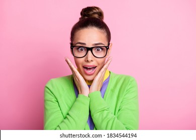 Close-up portrait photo of cute surprised woman palms near face open mouth shocked shop moving close her home give discount wear spectacles colored clothes bright pink color background - Shutterstock ID 1834544194