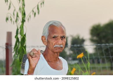 Close-up Portrait Photo Of An Senior Male Indian Farmer Standing In The Field At Sunset With A Shovel On His Shoulder And Wore A White Vest And Looking At Camera