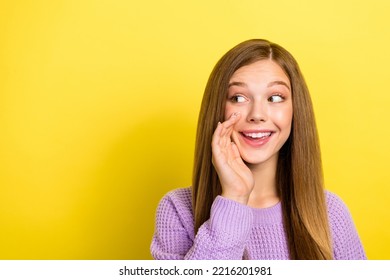 Closeup Portrait Photo Of Young Positive Dreamy Girl Talking Rumor Secret Information Palm Cheeks Looking Empty Space News Isolated On Yellow Color Background