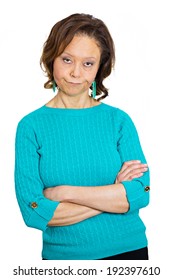 Closeup Portrait, Pissed Off, Angry, Mad, Grumpy, Skeptical Senior Woman With Bad Attitude, Arms Crossed, Looking At You Isolated White Background. Negative Human Emotion, Facial Expressions, Feelings