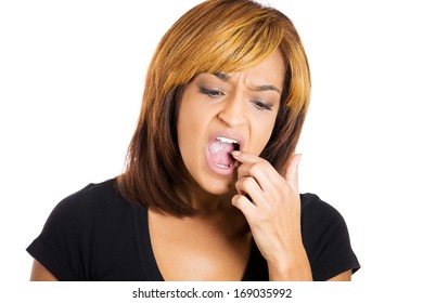 Closeup Portrait Of Pretty Young Woman With Tooth Ache Problem About To Cry From Pain Touching Inside Mouth With Hand, Isolated White Background. Negative Emotion Facial Expression Feeling