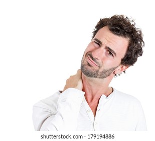 Closeup portrait of really stressed scowling business man , funny looking guy with bad tight sprained muscle neck pain, isolated on white background. Negative human emotions, facial expressions