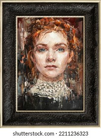 Close-up Portrait Of A Red-haired Girl. A Woman With A Large Head Of Curly Hair. Oil Painting On Canvas.