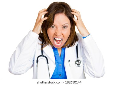 Closeup Portrait Of Rude Frustrated Upset Overwhelmed, Angry Doctor, Mad Health Care Professional, Screaming At Nurse, Patient Isolated On White Background. Human Face Expressions, Emotions