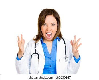 Closeup Portrait Of Rude Frustrated Upset Overwhelmed, Angry Doctor, Mad Health Care Professional, Screaming At Nurse, Patient Isolated On White Background. Human Face Expressions, Emotions