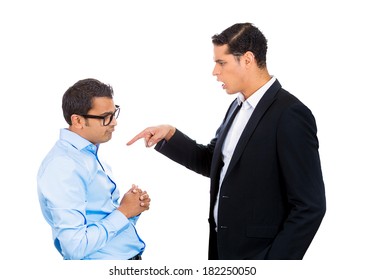 Closeup Portrait Of Rude, Mad, Giant Business Man Threatening, Pointing At His Nerdy Guy Coworker, Isolated On White Background. Negative Emotion Facial Expression Feelings. Office Conflict Resolution