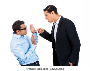 Closeup Portrait Of Rude, Mad, Giant Business Man Threatening, Pointing At His Nerdy Guy Coworker, Isolated On White Background. Negative Emotion Facial Expression Feelings. Office Conflict Resolution