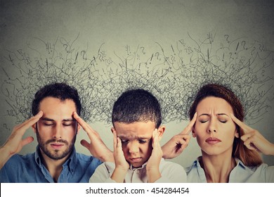 Closeup portrait sad young woman, man and child with worried stressed face expression and brain melting into lines question marks interconnected. Obsessive compulsive, adhd, anxiety disorders - Shutterstock ID 454284454