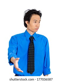 Closeup Portrait Of Sarcastic Young Man With Bad Attitude Forced To Extend Arm For Handshake, Not Happy About It, Isolated On White Background. Negative Emotions, Facial Expression, Feelings, Reaction