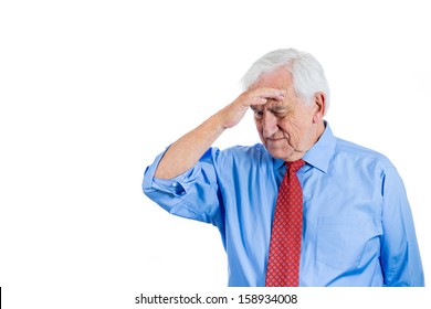 Closeup Portrait Of Senior Elderly Mature Man, Old Sad Businessman With White Hair, Troubled And In Deep Thought, Isolated On White Background With Copy Space. Human Emotions And Facial Expressions