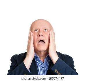 Closeup Portrait Senior, Elderly, Mature, Depressed, Sad Man, Thinking, Looking Up Asking Question Why Me? Isolated White Background. Human Face Expression, Emotion, Feeling, Reaction, Life Perception