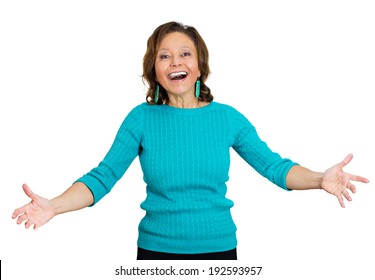 Closeup Portrait Senior, Elderly, Smiling, Happy Excited Woman With Raised Up Palms, Arms At You Offering Something, Hug Isolated White Background. Positive Emotions, Facial Expressions, Signs Symbols