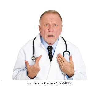 Closeup Portrait Of Senior Mature Health Care Professional, Old Doctor With Stethoscope, Asking You Mean Me? Looking Confused, Isolated On White Background. Negative Emotion Facial Expression Feeling.