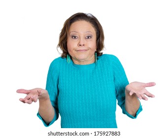 Closeup Portrait Of Senior Mature Woman Asking Question What's The Problem, So What, Who Cares, Why, I Don't Know, Isolated White Background. Negative Emotion Facial Expression Feelings, Body Language