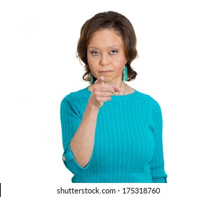 Closeup Portrait Of Serious Mad Angry Pissed Off  Woman Pointing With Index Finger At You Placing Blame And Accusation, Isolated On White Background. Negative Emotion Facial Expression Feelings