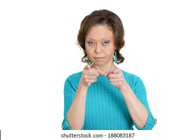 Closeup Portrait, Serious Mad Angry Pissed Off Senior Mature Woman Pointing Two Fingers At You Placing Blame And Accusation, Isolated White Background. Negative Emotion Facial Expression Feeling