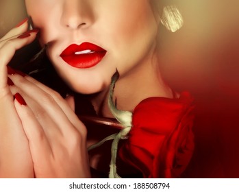 Closeup Portrait Of Sexy Gorgeous Woman With Red Lipstick And Red Rose, Half Face, Luxury Beauty Salon, Seduction Concept 