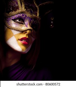 Closeup Portrait Of Sexy Woman In Violet Party Mask For Desire Concept