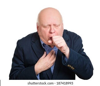 Closeup Portrait, Sick Old Man, Senior Worker, Elderly Executive Guy, Having Severe Infectious Cough, Holding Chest, Raising Fist To Mouth Looking Miserable Unwell, Isolated White Background. 