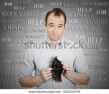 Closeup portrait skeptical puzzled, sad, unhappy business man, worker, employee, confused looking guy holding empty wallet isolated grey background. Bankruptcy financial difficulty concept. Expression