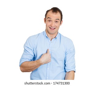 Closeup portrait of smiling, happy, surprised, young business man, funny looking guy asking question, you talking to me, you mean me? Isolated on white background. Human emotions, facial expressions
