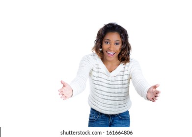 Closeup portrait of smiling, joyful teenager, excited girl with raised up palms arms at you, isolated over white background concept of freedom and happy student, young pretty woman asking to give hug