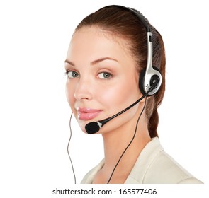 Close-up Portrait Of Smiling Young Woman With Headset Isolated On White Background