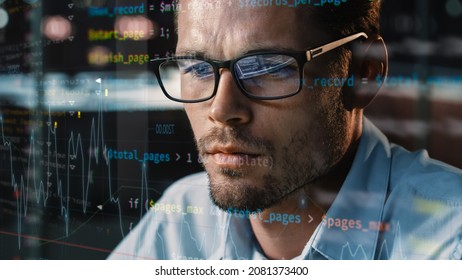 Close-up Portrait of Software Engineer Working on Computer, Line of Code Run Aroung Him. Developer Working on Innovative e-Commerce Application using Big Data Concept