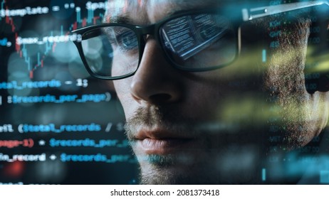 Close-up Portrait Of Software Engineer Working On Computer, Line Of Code Run Aroung Him. Developer Working On Innovative E-Commerce Application Using Big Data Concept