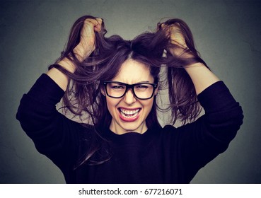 Closeup Portrait Stressed Angry Woman Pulling Hair Out Screaming 