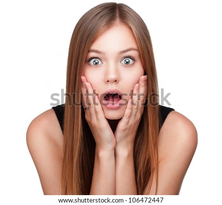 Close-up portrait of surprised beautiful girl holding her head in amazement and open-mouthed. Over white background.