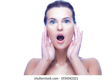 Closeup Portrait Of Surprised Caucasian Woman With Fresh And Clean Skin For Facial Treatment,  Cosmetology, Beauty And Spa. Horizontal Shot