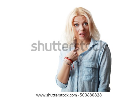 Closeup portrait of surprised, flirting young business woman student getting unexpected attention from man she likes asking you talking to, you mean me? Isolated on white background. Facial expression