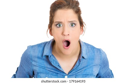 Closeup portrait of terrified young business woman, employee looking shocked surprised in full disbelief, isolated on white background. Negative human emotion facial expression feelings, body language