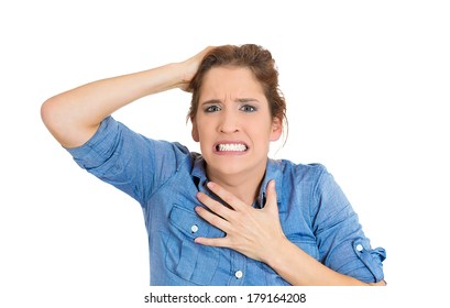 Closeup portrait of terrified young business woman, employee looking shocked surprised in full disbelief, isolated on white background. Negative human emotion facial expression feelings, body language