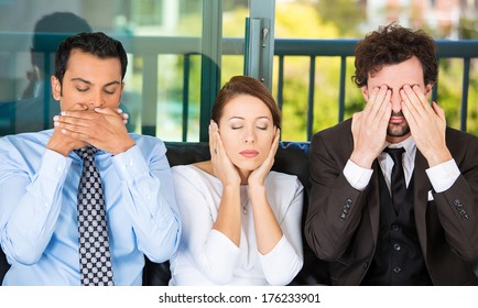 Closeup Portrait Of Three Business People On Black Couch Imitating See No Evil, Hear No Evil, Speak No Evil Concept, Isolated On City Urban Background. Human Emotions, Expressions And Communication